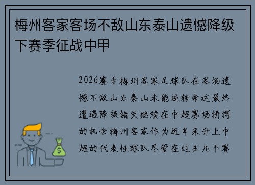 梅州客家客场不敌山东泰山遗憾降级下赛季征战中甲 梅州客家客场不敌山东泰山遗憾降级下赛季征战中甲