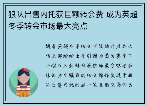 狼队出售内托获巨额转会费 成为英超冬季转会市场最大亮点 狼队出售内托获巨额转会费 成为英超冬季转会市场最大亮点